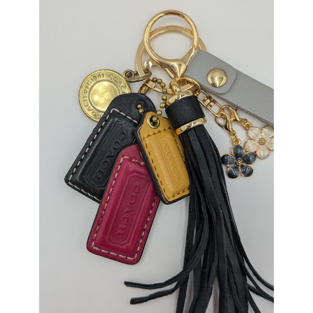 Coach Hangtags with Bag Charms Pink Yellow Black Leather Tassel Flowers Keychain - Picture 4 of 8